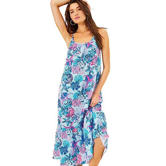 Lilly Pulitzer Amerie Linen Midi Dress in "Bahamas Beachcomber" NWT - Large - Picture 1 of 7